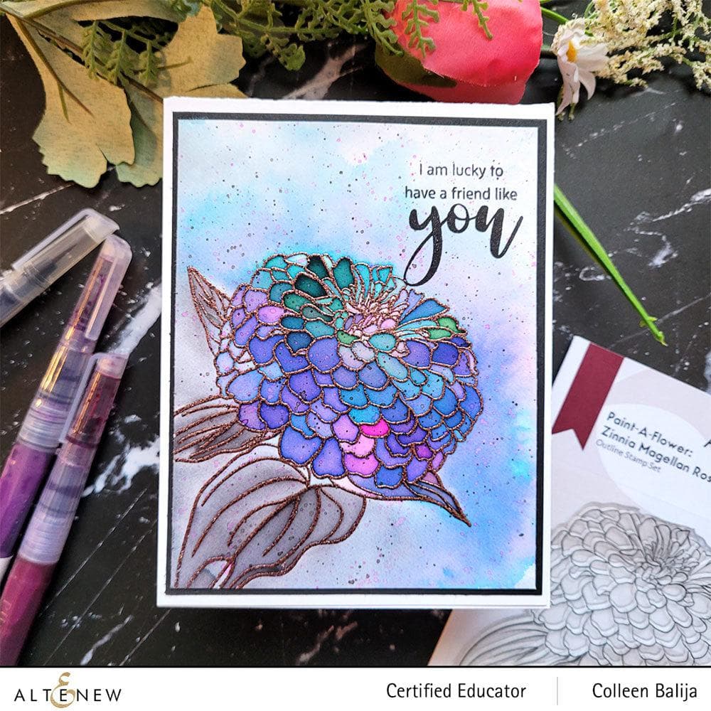 Altenew Stamp & Coloring Pencil Bundle Paint-A-Flower: Zinnia Magellan Rose & Woodless Coloring Pencils Bundle