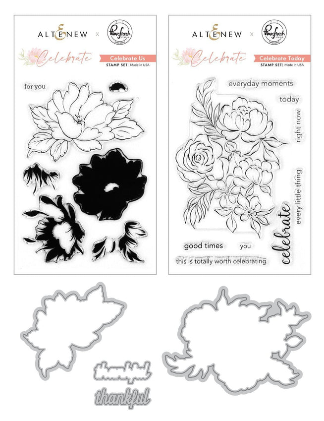 Altenew Celebrate Us & Celebrate Today Stamp & Die Bundle with floral and celebratory designs for card-making and crafting projects.