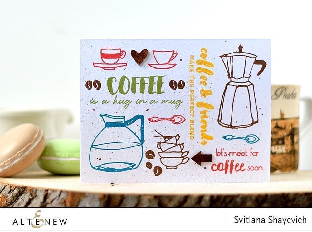 Altenew Coffeeholic Stamp and Die Bundle featuring coffee cup illustrations and matching die cuts for crafting projects.