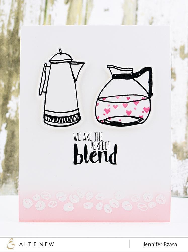Altenew Coffeeholic Stamp and Die Bundle with coffee cup and coffee-themed designs for crafting projects.