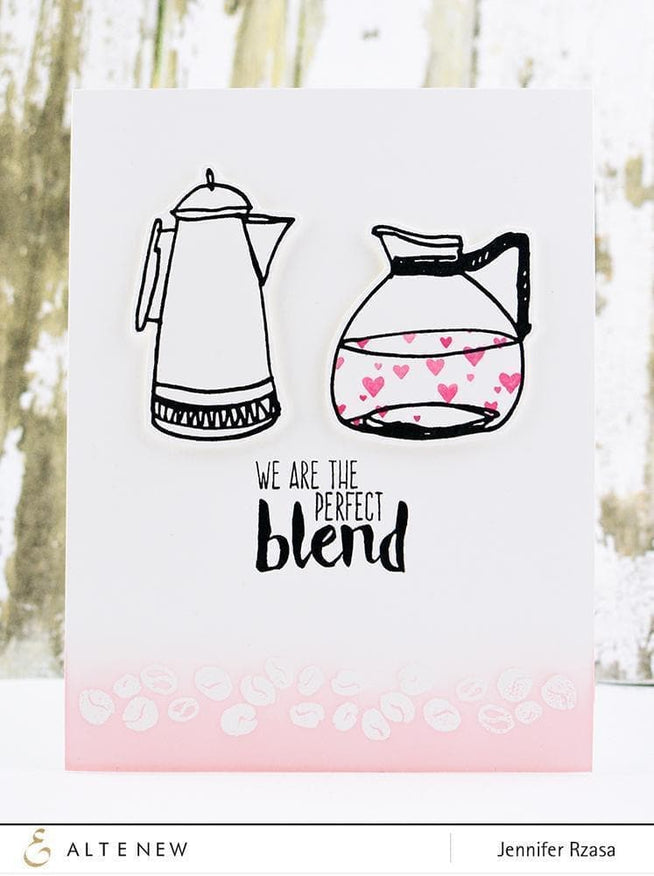 Altenew Coffeeholic Stamp and Die Bundle with coffee cup and coffee-themed designs for crafting projects.
