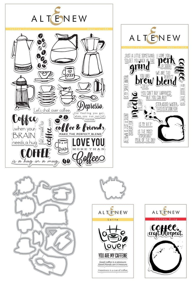 Altenew Coffeeholic Stamp & Die Bundle featuring coffee cup and coffee-themed designs for card making and crafting.