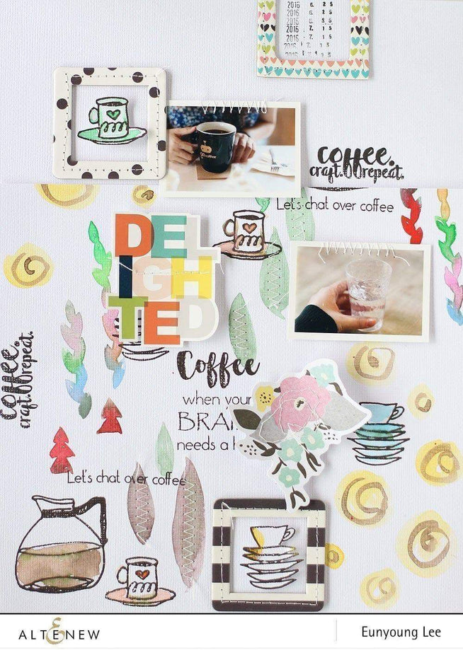 Altenew Coffeeholic Stamp and Die Bundle with coffee cup and coffee-themed designs for crafting projects.