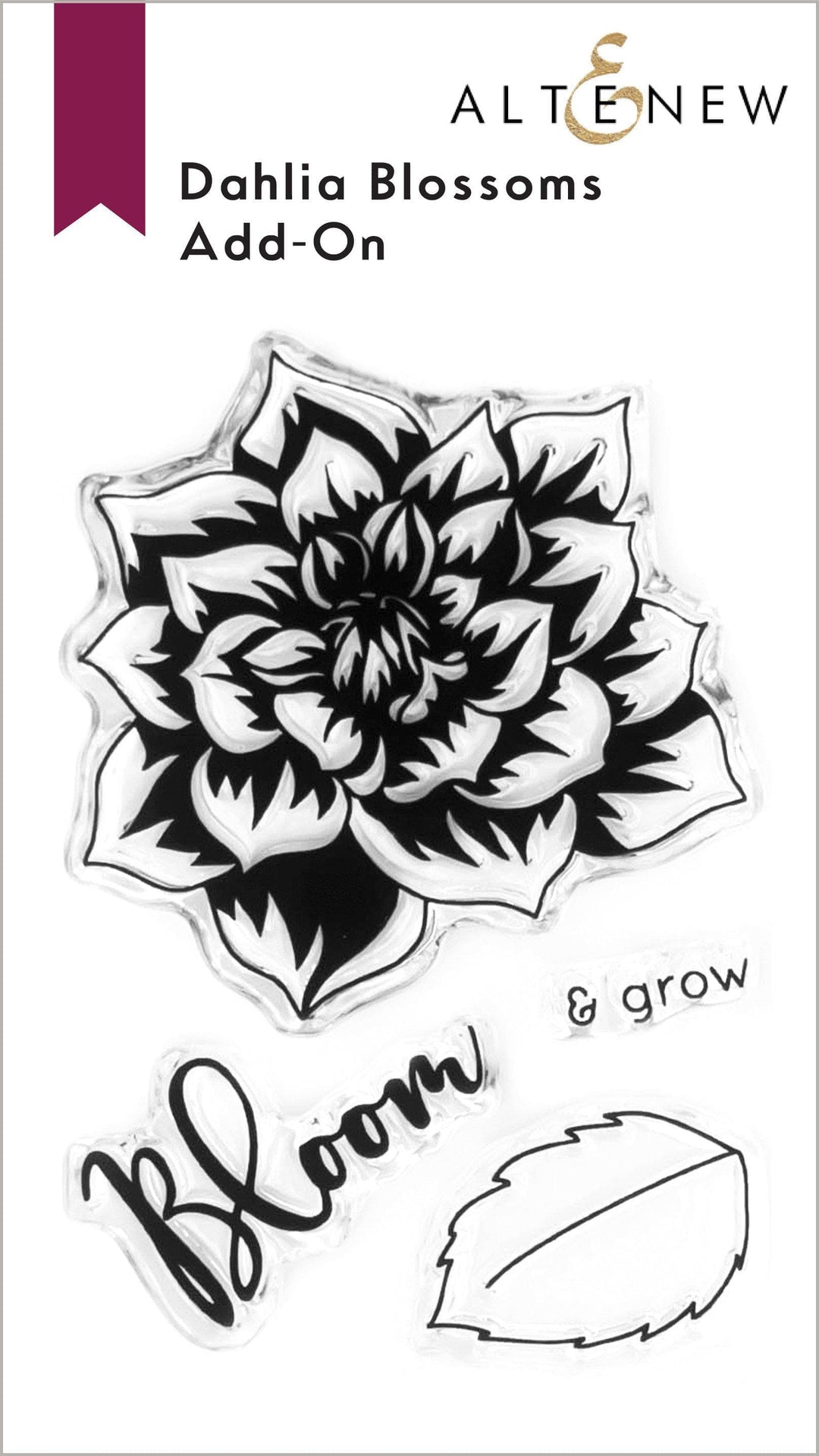 Altenew Dahlia Blossoms Add-On stamp and die bundle featuring detailed floral designs for card making and paper crafts.