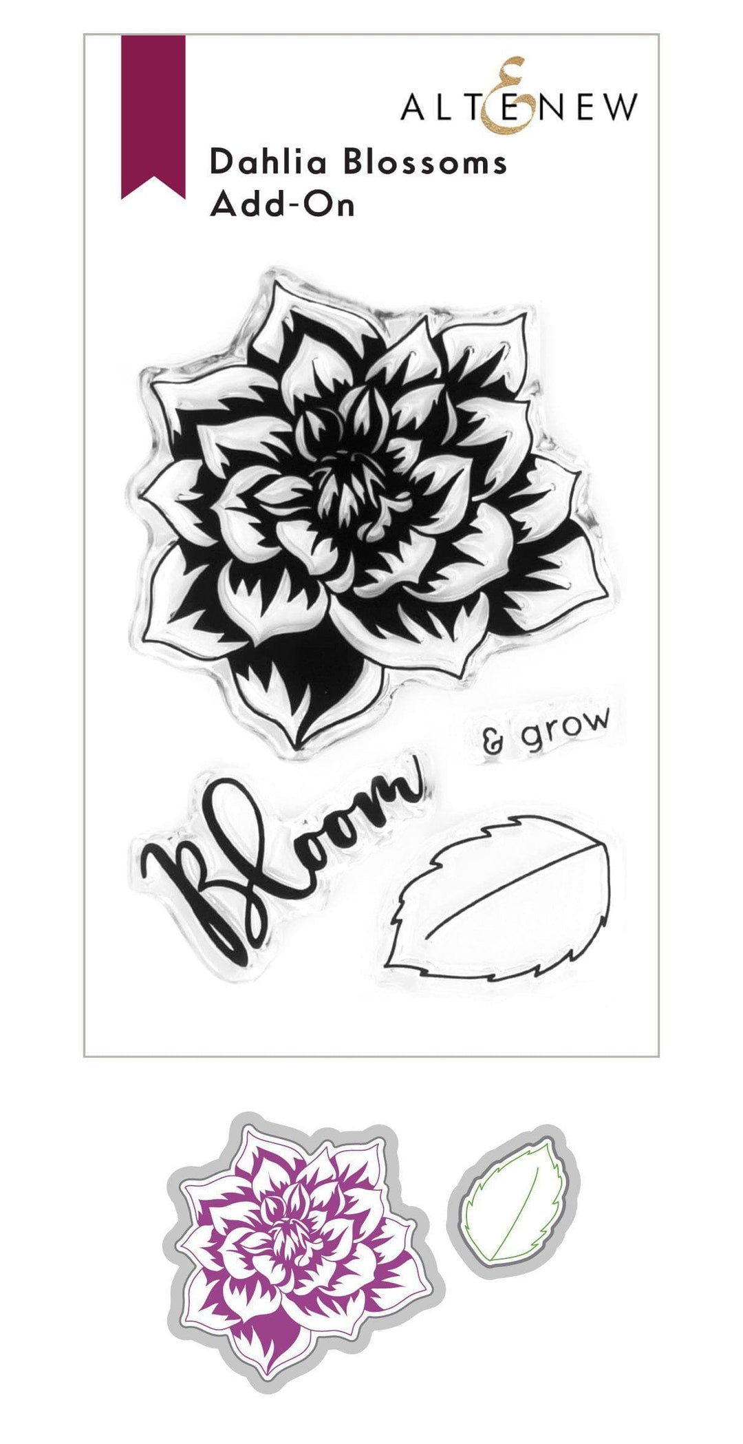 Altenew Dahlia Blossoms Add-On stamp and die bundle featuring detailed floral designs for card making and crafting projects.