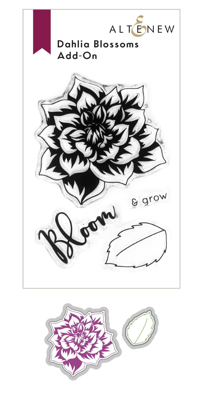 Altenew Dahlia Blossoms Add-On stamp and die bundle featuring detailed floral designs for card making and crafting projects.