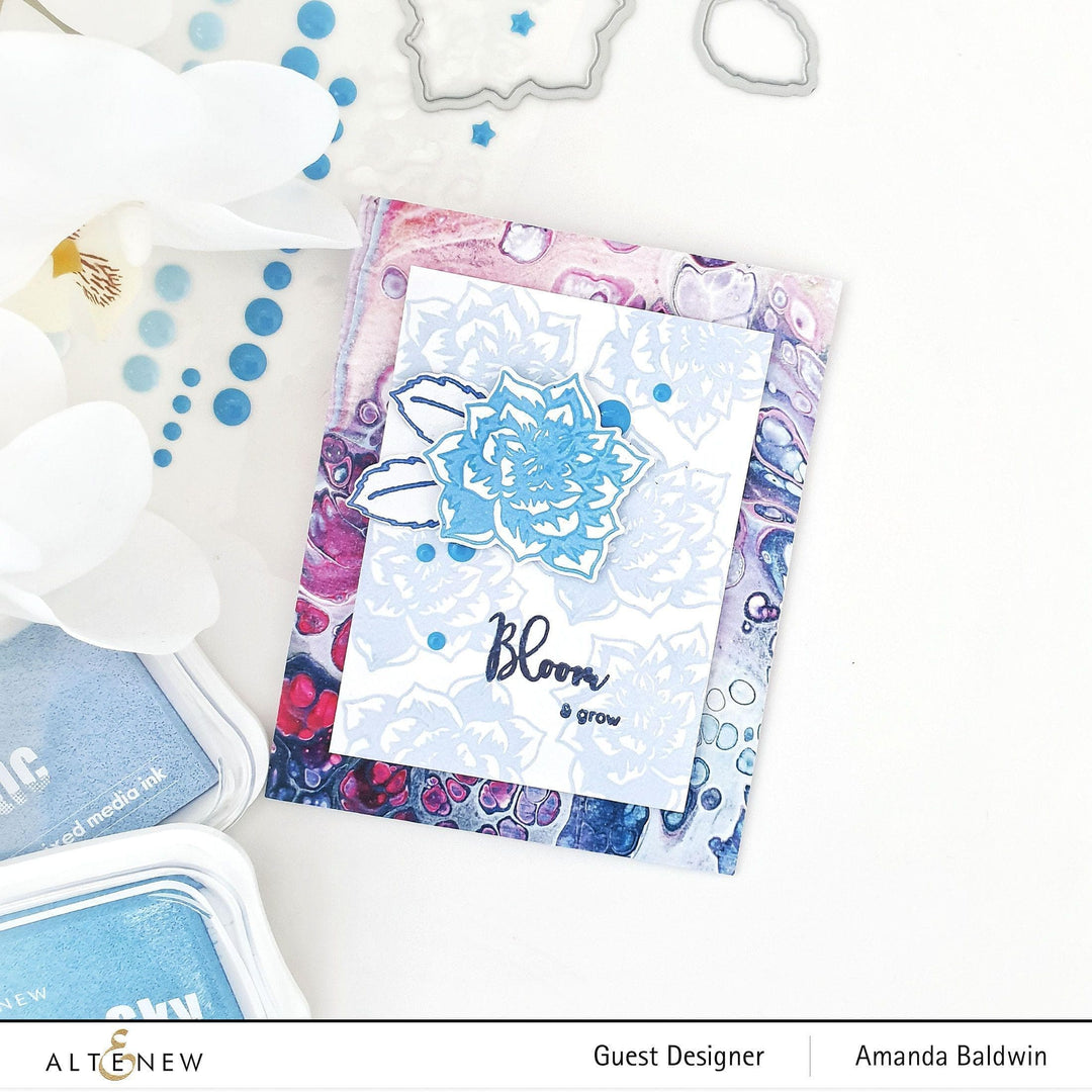 Altenew Dahlia Blossoms Add-On stamp and die bundle with floral designs for card making and craft projects.