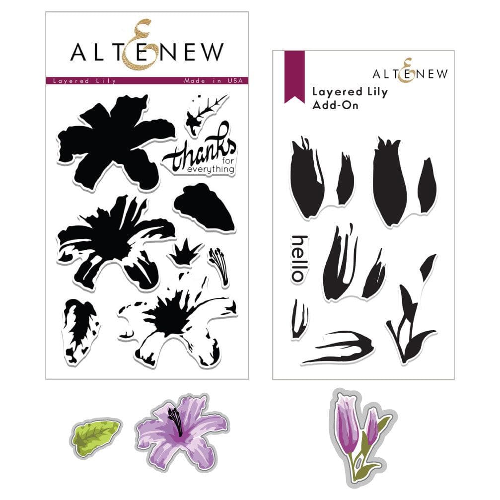 Altenew Fan Favorites Layered Lily Stamp and Die Bundle with floral stamps and matching cutting dies for card making and crafts.