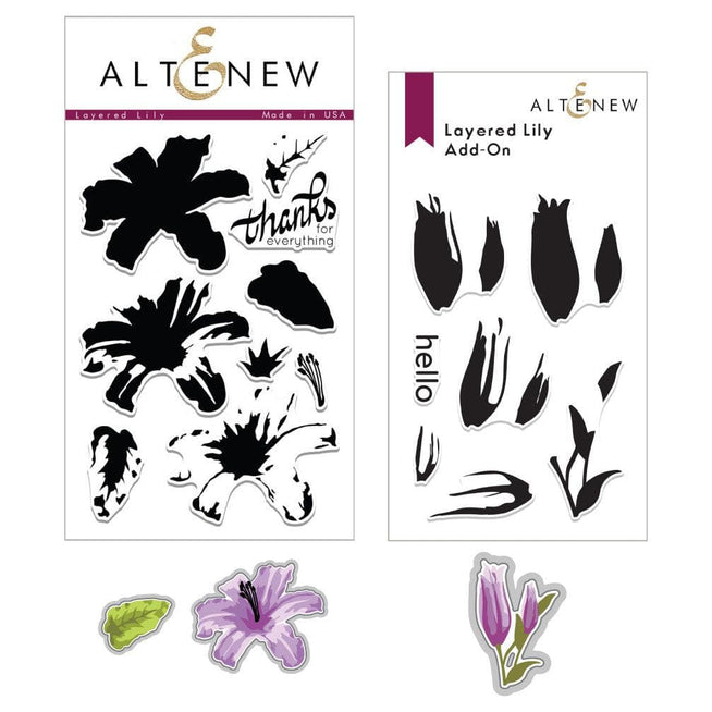 Altenew Fan Favorites Layered Lily Stamp and Die Bundle with floral stamps and matching cutting dies for card making and crafts.