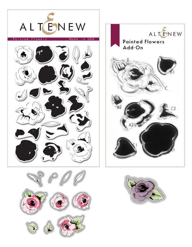 Altenew Fan Favorites Painted Flowers stamp and die bundle featuring floral designs for crafting and card-making projects.
