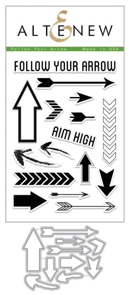 Altenew Follow Your Arrow stamp and die bundle featuring arrow designs and coordinating cutting dies on a white background.