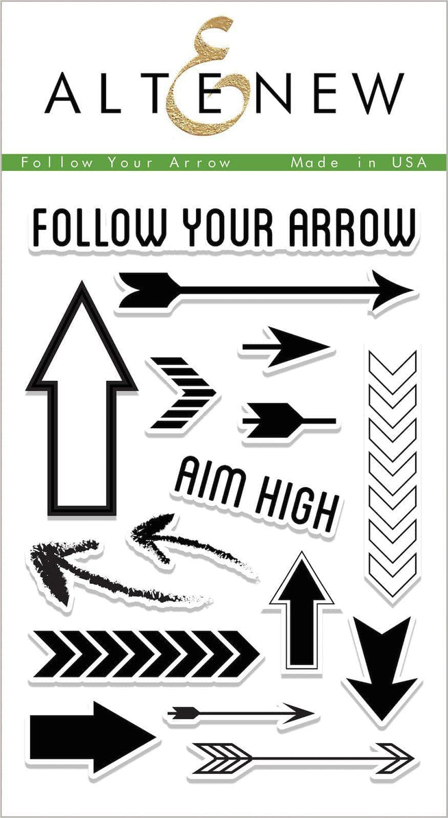Altenew Follow Your Arrow stamp and die bundle featuring arrow designs and coordinating cutting dies for crafting projects.