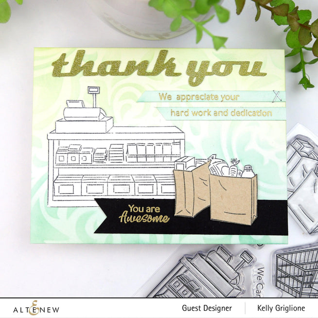 Altenew Grocery Heroes Stamp and Die Bundle with colorful food-themed stamps and matching metal dies for crafting.