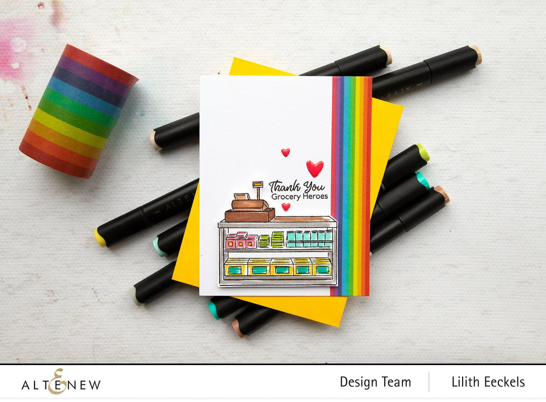 Altenew Grocery Heroes Stamp and Die Bundle featuring colorful stamps and matching metal dies for crafting and card making.
