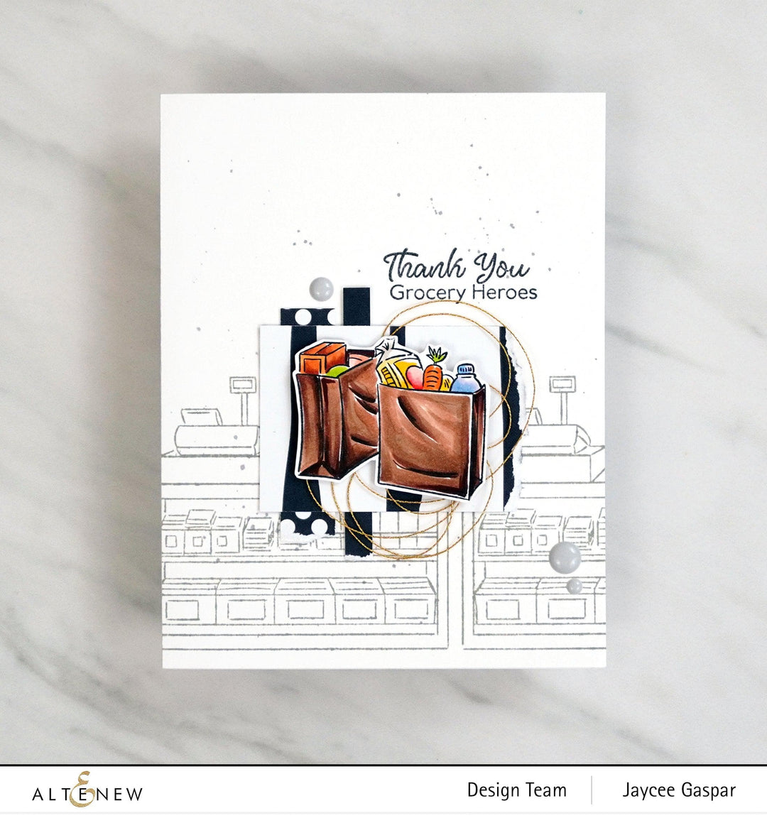 Altenew Grocery Heroes Stamp & Die Bundle featuring colorful grocery-themed stamps and coordinating metal dies for crafting.