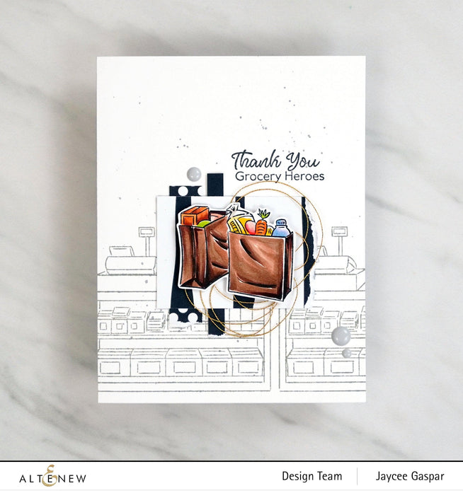 Altenew Grocery Heroes Stamp & Die Bundle featuring colorful grocery-themed stamps and coordinating metal dies for crafting.
