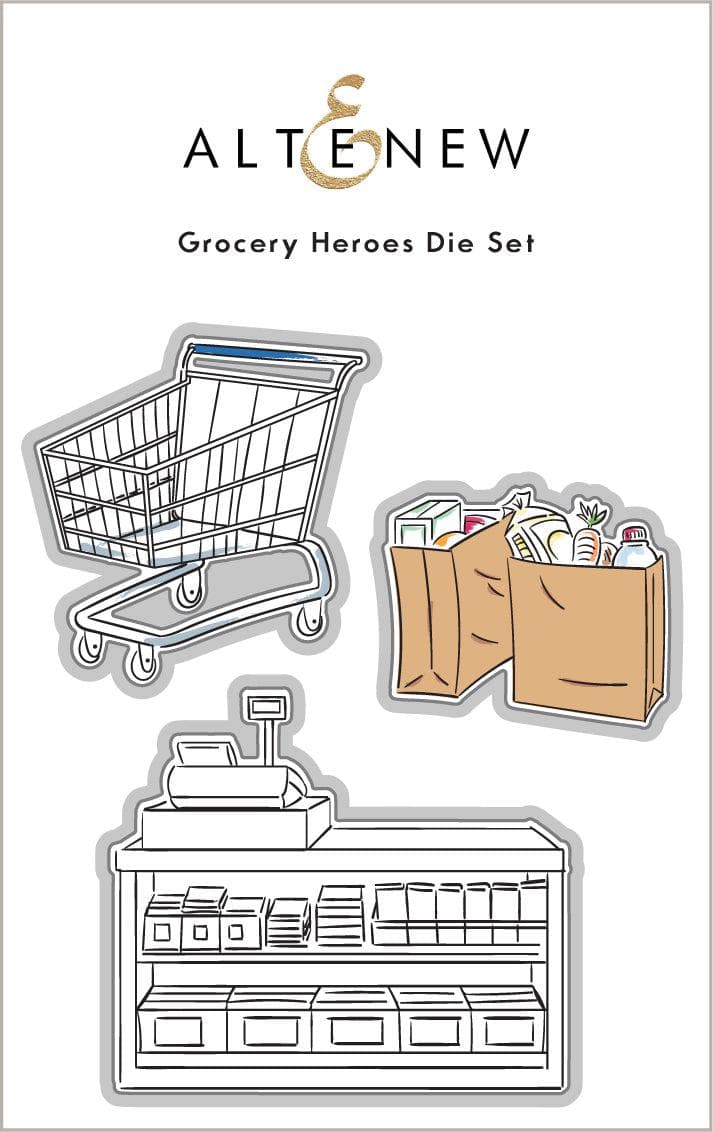 Altenew Grocery Heroes Stamp and Die Bundle featuring colorful grocery-themed stamps and matching metal dies for crafting.