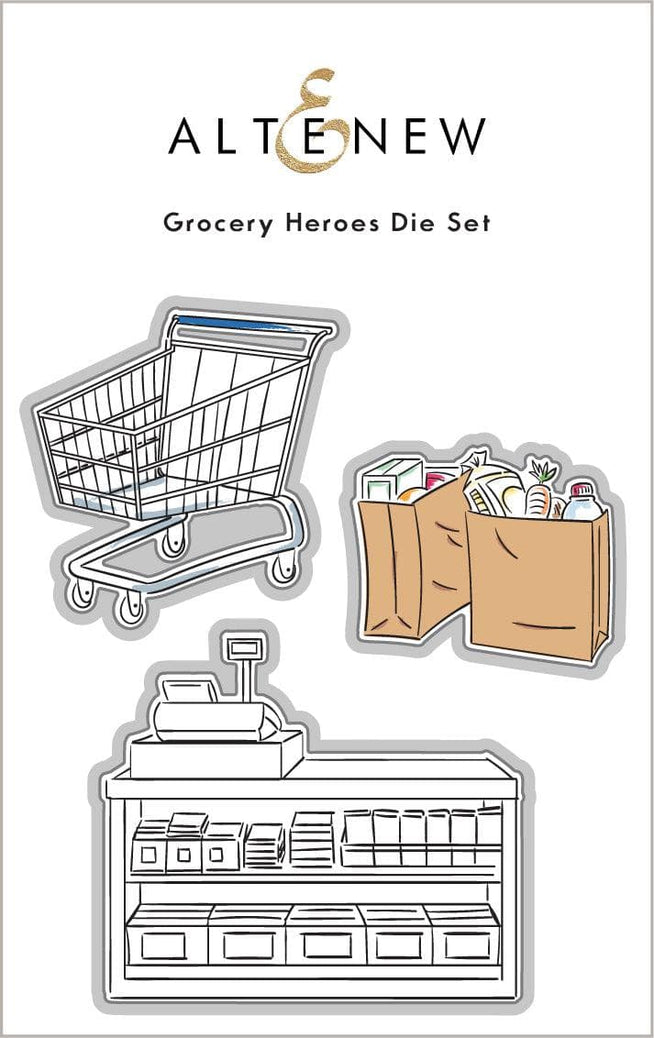 Altenew Grocery Heroes Stamp and Die Bundle featuring colorful grocery-themed stamps and matching metal dies for crafting.