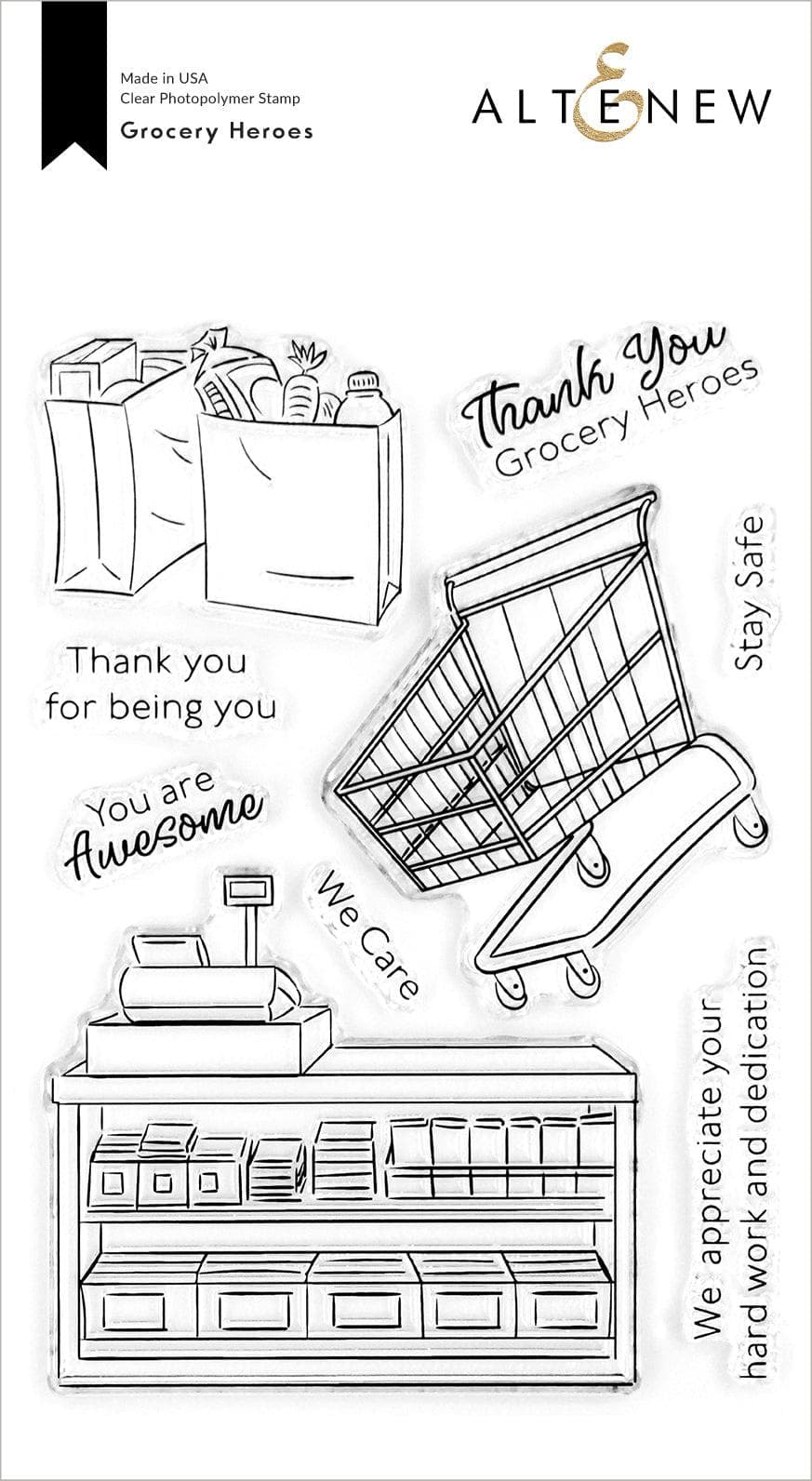 Altenew Grocery Heroes Stamp and Die Bundle featuring colorful grocery-themed stamps and coordinating metal dies on white background.