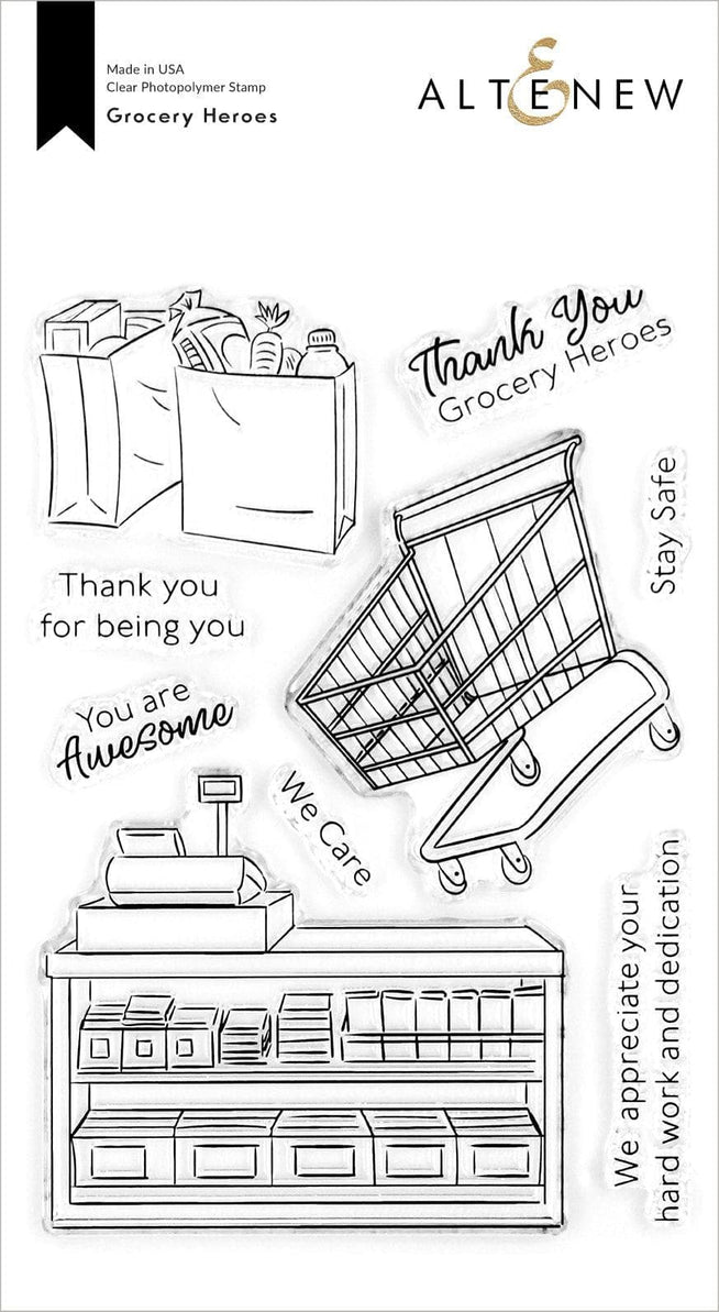 Altenew Grocery Heroes Stamp and Die Bundle featuring colorful grocery-themed stamps and coordinating metal dies on white background.