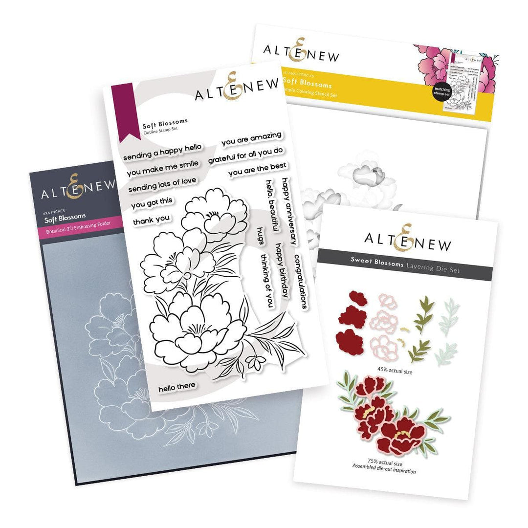 Altenew Happy Blossoms Ensemble stamp and die bundle featuring floral designs, with stamps and matching cutting dies.