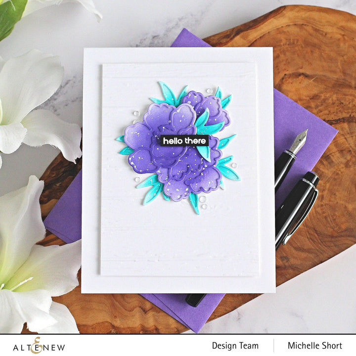 Altenew Happy Blossoms stamp and die bundle with floral designs, featuring colorful flower illustrations and coordinating cutting dies.