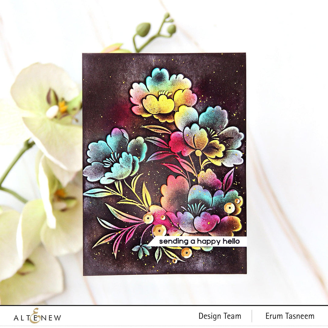 Altenew Happy Blossoms Ensemble stamp and die bundle featuring floral designs for card making and crafting projects.