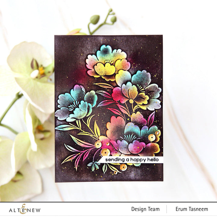 Altenew Happy Blossoms Ensemble stamp and die bundle featuring floral designs for card making and crafting projects.