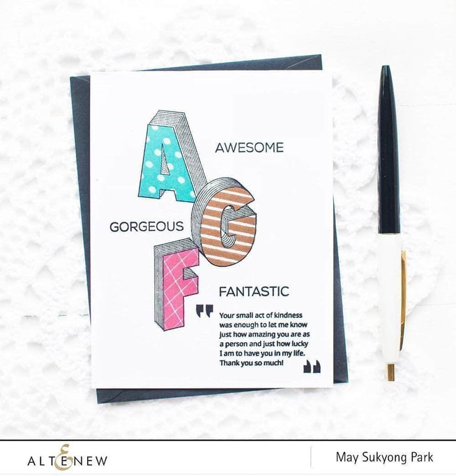 Altenew layered letters AFG stamp and die bundle for crafting, featuring detailed alphabet designs with matching dies.