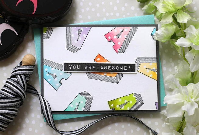 Altenew layered letters AFG stamp and die bundle showing detailed stamps and matching metal dies for crafting projects.