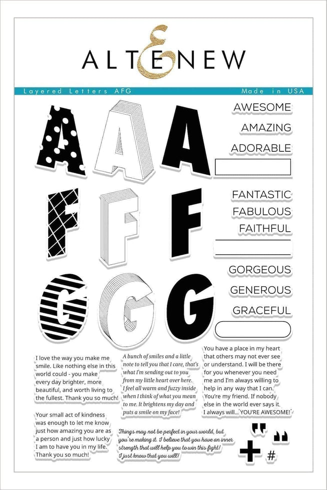 Altenew layered Letters AFG stamp and die bundle, featuring intricate alphabet designs for crafting and card making.