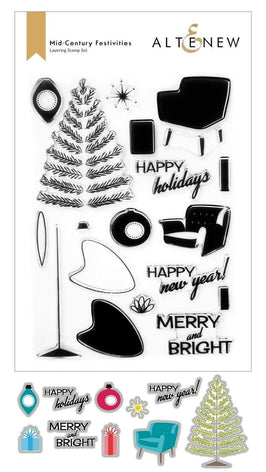Altenew Mid Century Festivities stamp and die bundle featuring vintage-inspired designs for creative paper crafts.