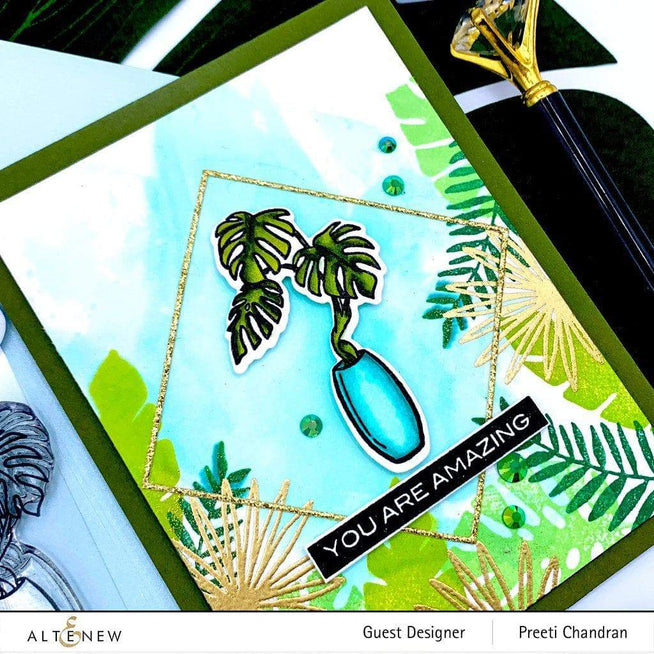 Altenew Monstera in Vase stamp and die bundle featuring detailed Monstera leaf and vase illustrations for crafting and card making.