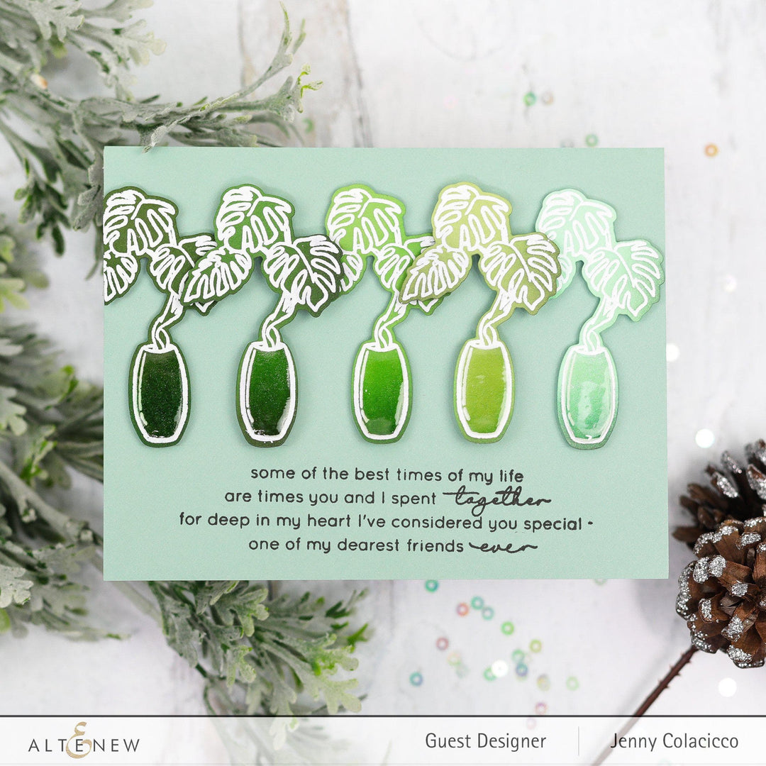 Altenew Monstera in Vase stamp and die bundle featuring detailed botanical illustrations of monstera leaves in a vase.