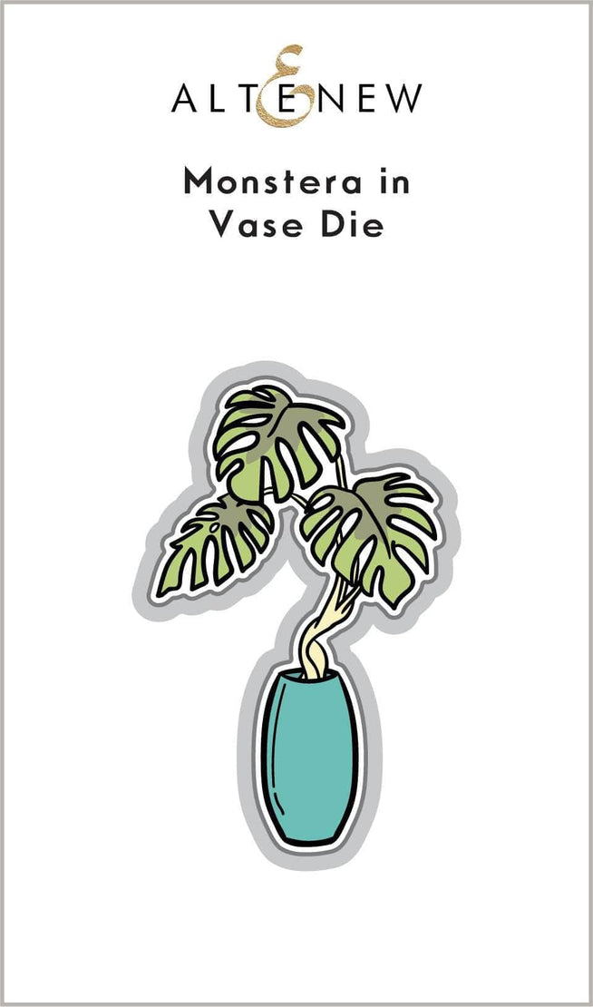 Altenew Monstera in Vase stamp and die bundle featuring detailed Monstera leaf and vase illustrations for crafting.