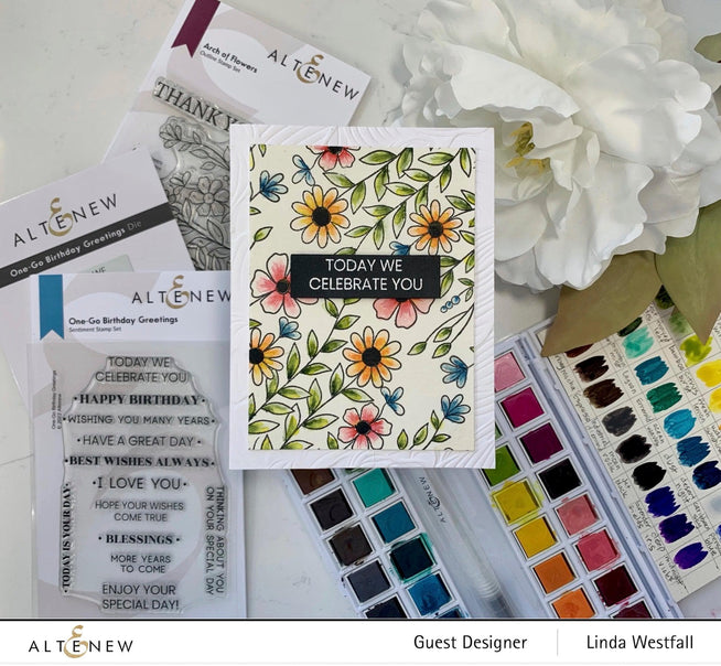 Altenew One-Go Birthday Greetings stamp and die bundle with colorful birthday message and decorative elements.