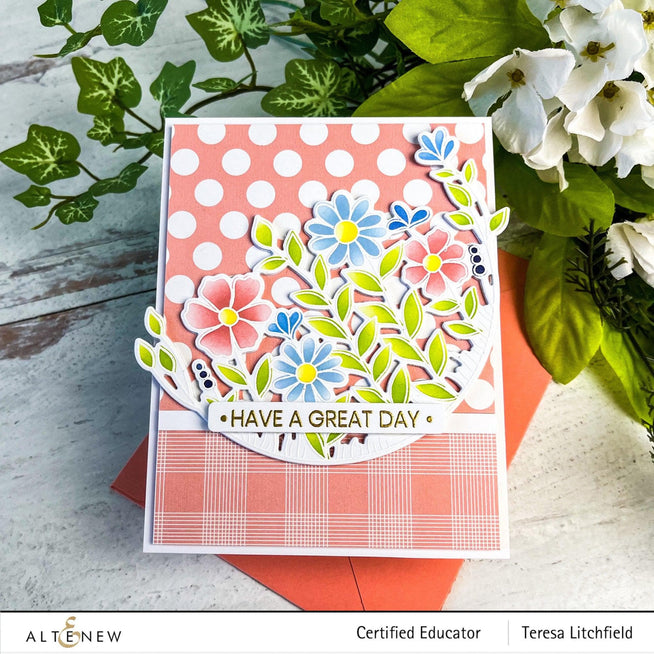 Altenew One-Go Birthday Greetings stamp and die bundle with colorful birthday message designs and matching cutting dies.