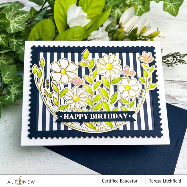 Altenew One-Go Birthday Greetings stamp and die bundle featuring cheerful birthday message designs on clear stamps and matching dies.