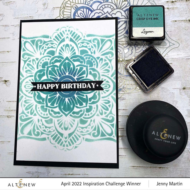 Altenew One-Go Birthday Greetings stamp and die bundle featuring a cheerful birthday message and decorative floral designs.