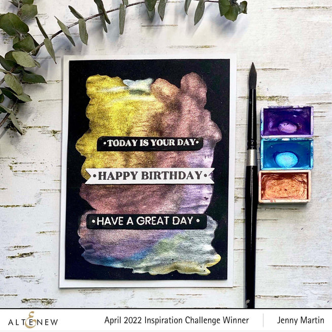 Altenew One-Go Birthday Greetings stamp and die bundle featuring cheerful birthday-themed designs for card making.