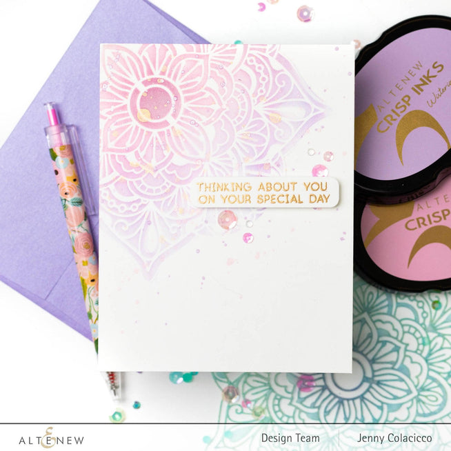 Altenew One-Go Birthday Greetings stamp and die bundle with colorful floral and birthday message designs for card making.