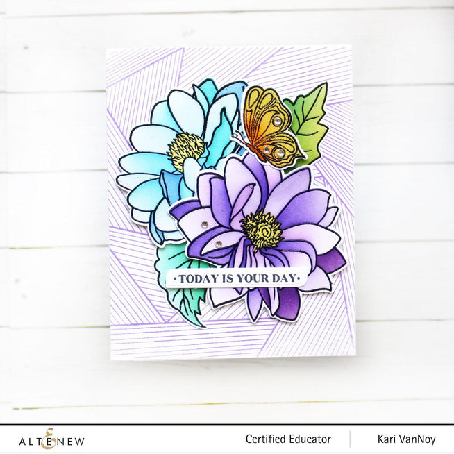 Altenew One-Go Birthday Greetings stamp and die bundle with colorful birthday message and coordinating die cuts on white background.