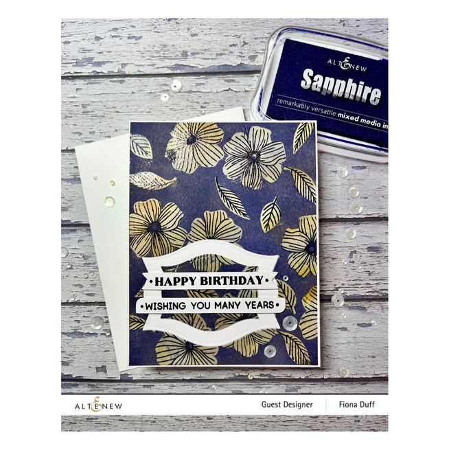 Altenew One-Go Birthday Greetings stamp and die bundle with floral and celebratory designs for handmade greeting cards.