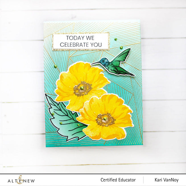 Altenew One-Go Birthday Greetings stamp and die bundle featuring cheerful birthday message designs and coordinating cutting dies.