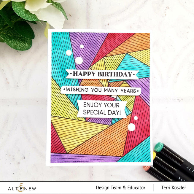 Altenew One-Go Birthday Greetings stamp and die bundle featuring cheerful birthday message designs on clear stamps and matching dies.