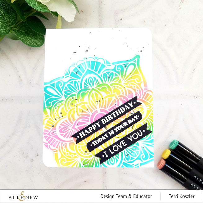 Altenew One-Go Birthday Greetings stamp and die bundle featuring cheerful birthday message designs and matching cutting dies.