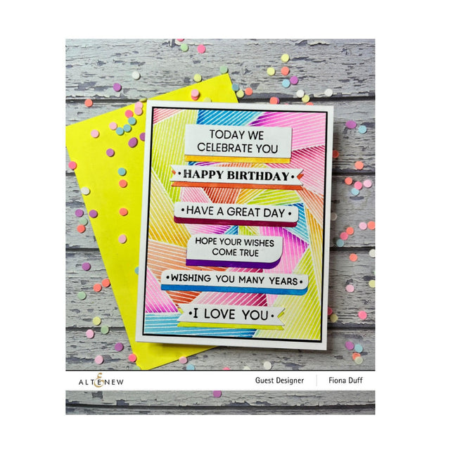Altenew One-Go Birthday Greetings stamp and die bundle featuring colorful birthday message designs for card making and crafting.