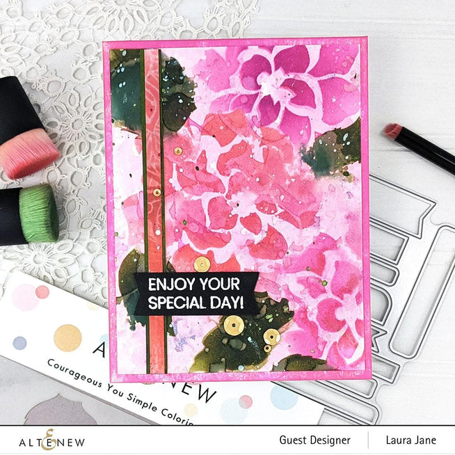 Altenew One-Go Birthday Greetings stamp and die bundle with colorful floral design and cheerful birthday message.