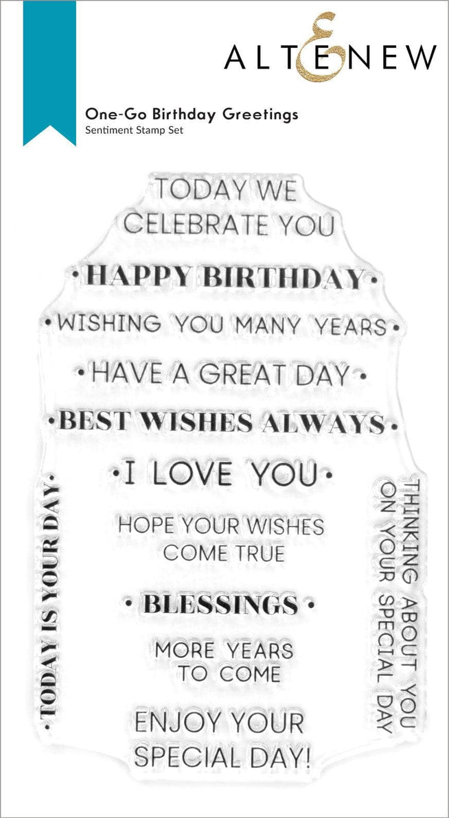 Altenew One-Go Birthday Greetings stamp and die bundle featuring cheerful birthday-themed designs and coordinating cutting dies.