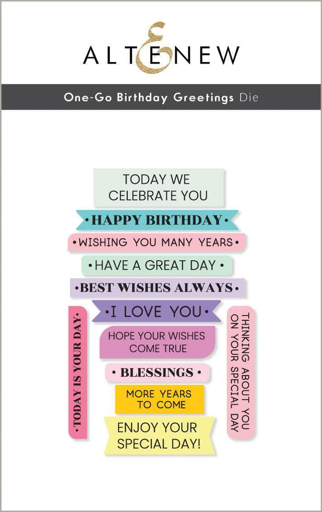 Altenew One-Go Birthday Greetings stamp and die bundle with cheerful birthday designs and coordinating cutting dies.